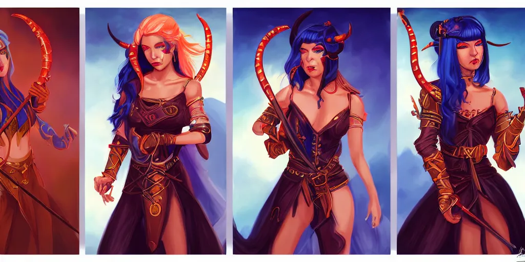 Image similar to triptych of youthful female feminine tiefling female bard with long bob cut blue hairstyle, her skin is tangerine, she has immaculate skin and pure black eyes and is wearing colorful leather armor by rossdraws,