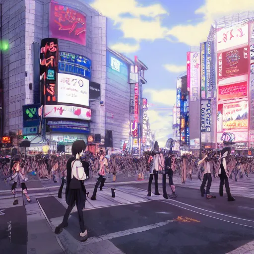 Prompt: the shibuya crossing, anime fantasy illustration by tomoyuki yamasaki, kyoto studio, madhouse, ufotable, square enix, cinematic lighting, trending on artstation