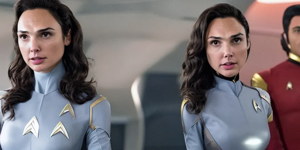 Image similar to Gal Gadot, in full starfleet uniform, is the captain of the starship Enterprise in the new Star Trek movie