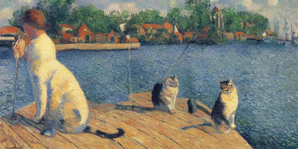 Image similar to cat sitting on the pier fishing, expressive oil painting by christopher radlund and camille pissaro