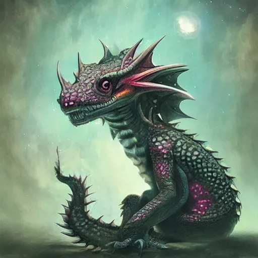 Image similar to a hyperrealistic illustration of a cute and tiny dragon that glows in the dark, dragon baby, glow in the dark, fractal moonlight, little dragon with glowing scales, award - winning, masterpiece, in the style of tom bagshaw, cedric peyravernay, peter mohrbacher