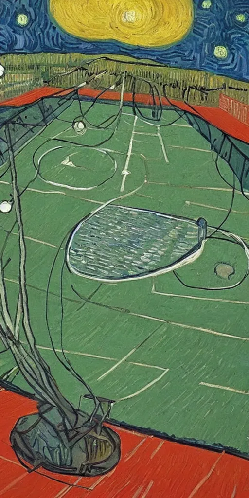 Prompt: tennis court in spaceship, van gogh's art