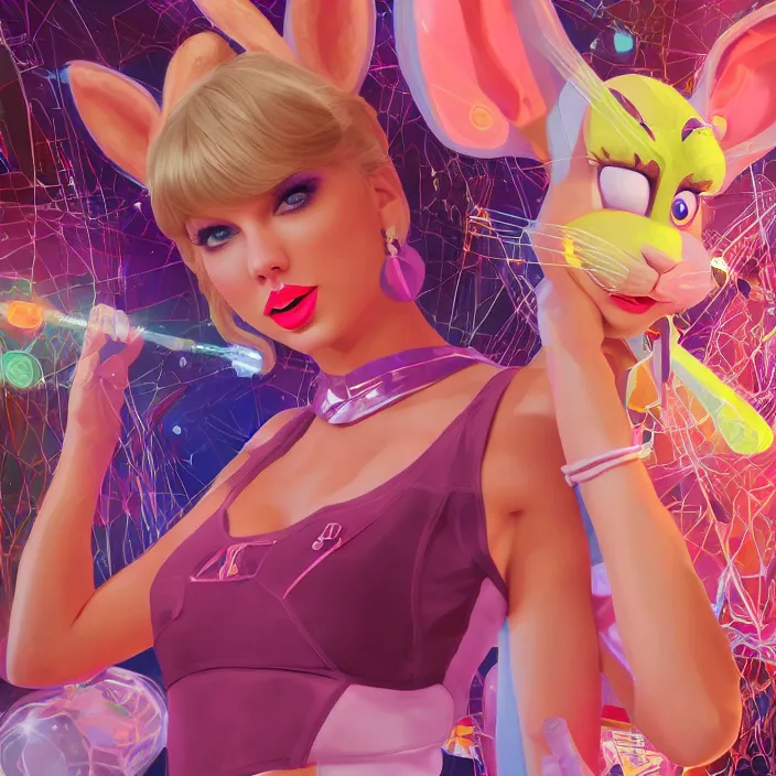 Image similar to portrait of Taylor Swift as Lola Bunny in Space Jam 1996. bunny ears. intricate abstract. intricate artwork. by Tooth Wu, wlop, beeple, dan mumford. octane render, trending on artstation, greg rutkowski very coherent symmetrical artwork. cinematic, hyper realism, high detail, octane render, 8k, iridescent accents