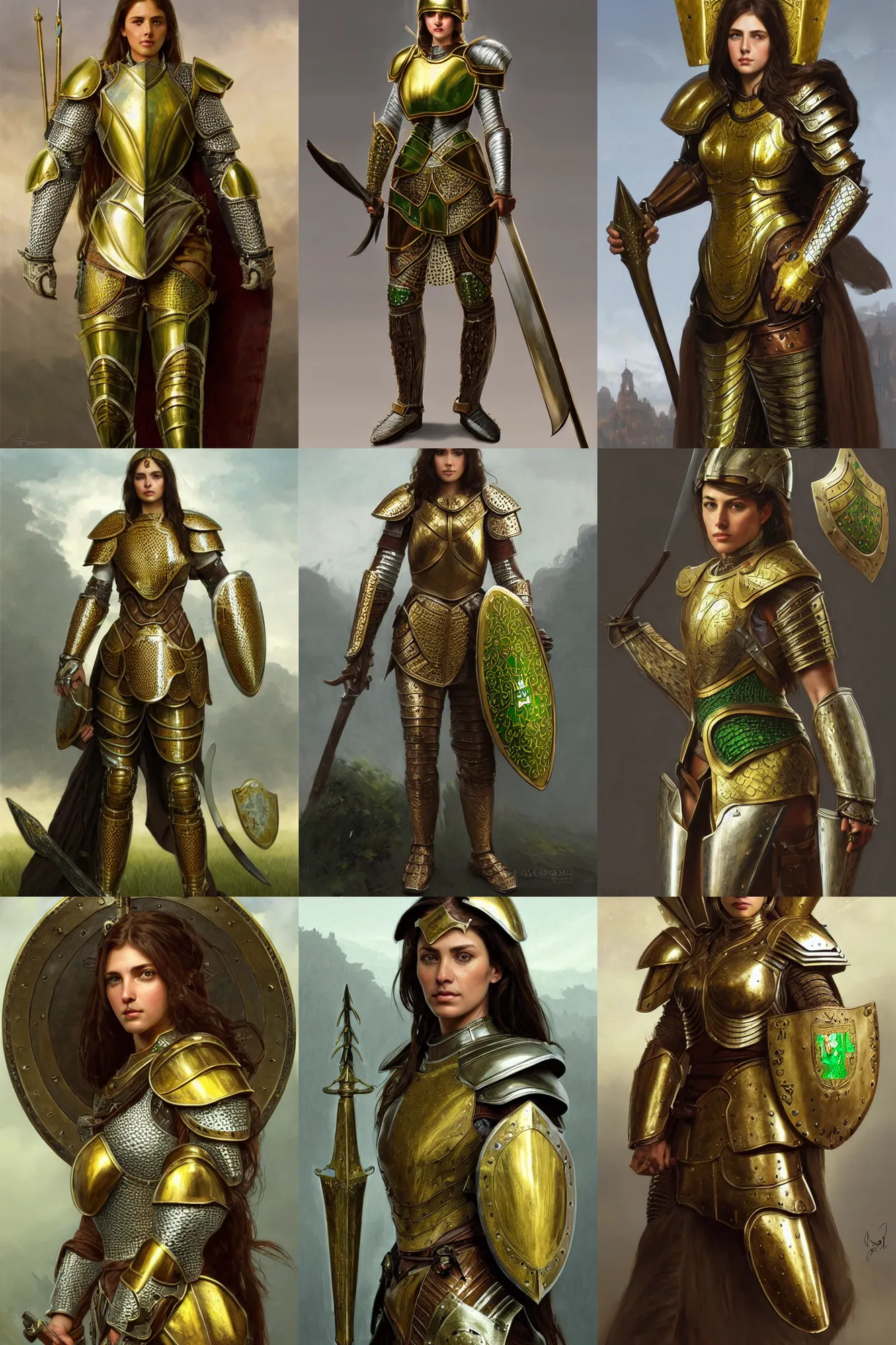 Prompt: full body portrait of a female italian warrior medium length brown hair and a very highly detailed face wearing elegant golden plate mail armor intricately painted with green and white accents, holding a rectangular tower shield, very highly detailed, artstation, cgsociety, realistic character concept art, sharp focus, by greg rutkowski, artgerm, and alphonse mucha