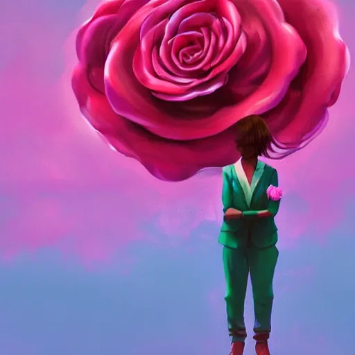 Image similar to closeup, huge rose flower head, frontal, a girl with suit, surreal photography, sunrise, dramatic light, impressionist painting, digital painting, artstation, simon stalenhag