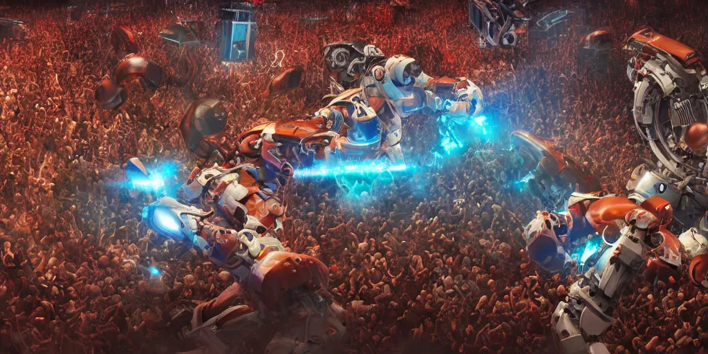 Image similar to A concept art of two mechanical robot fighting in the middle of a crowded boxing ring, highly detailed, scifi film color palette, ridley scott film, cinematic lighting, trending on artstation, cgsociety, volumetric lighting, hyper realistic, octane render, unreal engine