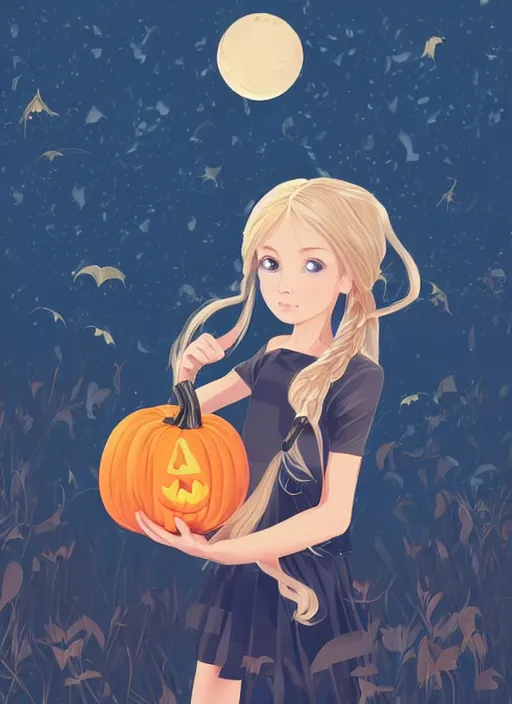 Image similar to little girl with long blonde hair holding a pumpkin. bats in the background. clean cel shaded vector art. shutterstock. behance hd by lois van baarle, artgerm, helen huang, by makoto shinkai and ilya kuvshinov, rossdraws, illustration, art by ilya kuvshinov