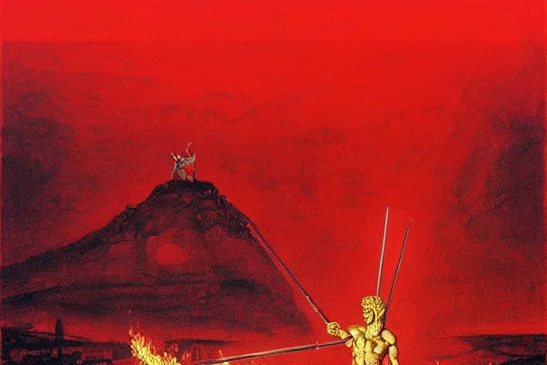 Image similar to only with red, a red melted apollo with a laurel wreath and a flaming sword announce the win, athens in the background, in the style of beksinski, part by hopper, part by rodcenko, part by hofbauer, intricate composition, red by caravaggio, insanely quality, highly detailed, masterpiece, red light, artstation