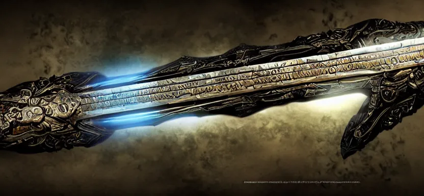 Image similar to legendary cybernetic sword lying flat on a glowing table with a long sharp black and iridescent sword blade, digital award winning hd matte painting, intimate dark moody, intricate, ornate spikes, colorful hilt, detailed realistic, raytraced blade, colored gems, future golden technological pommel, in the style of greg rutkowski and krenz cushart, deviantart