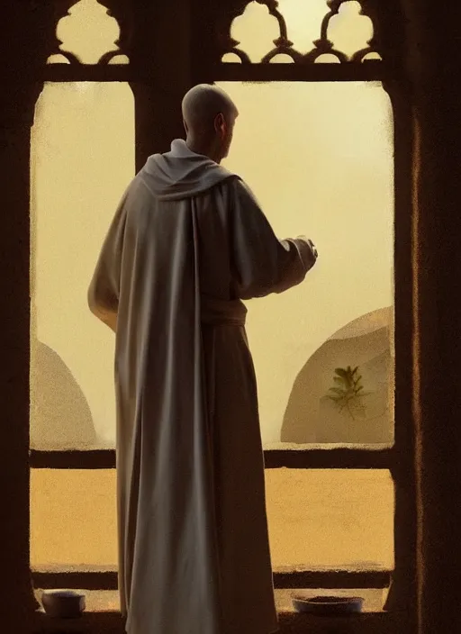 Image similar to oil painting of a medieval dominican monk in robes, looking out of a monastery window contemplatively, digital art, artstation, cinematic, golden hour, digital art painting by greg rutkowski