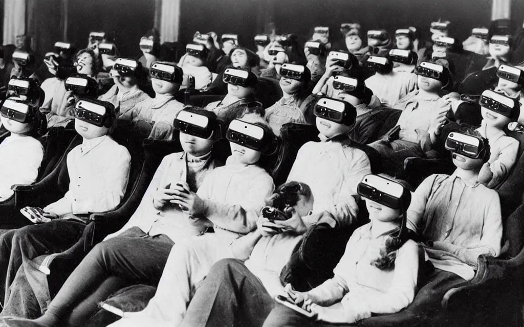 Image similar to 1 9 0 0 s photo of people using iphones ipods virtual reality headsets vr watching hd tv in a movie theater