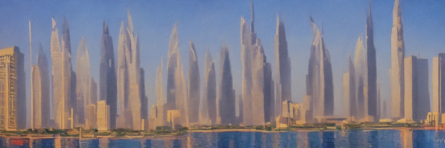 Prompt: dubai cityscape oil painting magritte