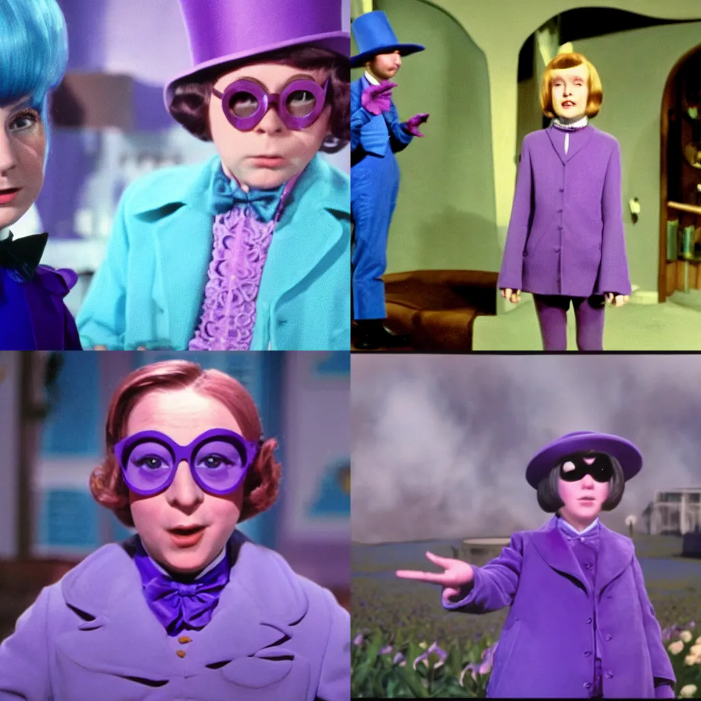 Prompt: Violet Beauregard turning into a blueberry. Cinematic, volumetric lighting. Scene from 1971 film Willy Wonka & the Chocolate Factory