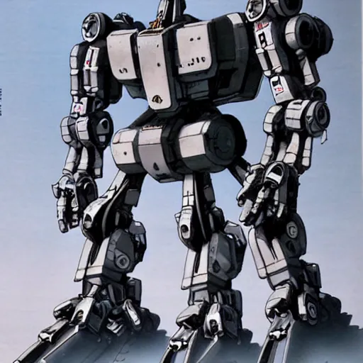 Image similar to cinematic still, full body mega mech by fujioka kenki, full body mega mech by mamoru nagano