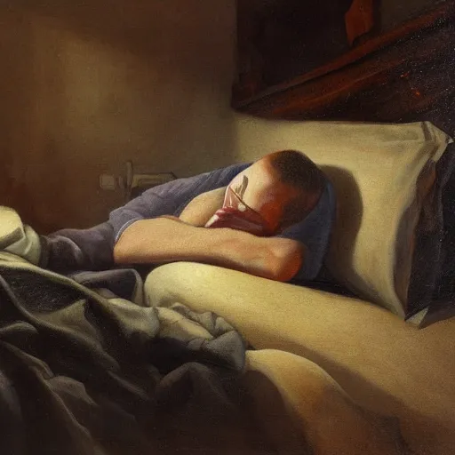 Prompt: a guy is laying inside his comfortable bed and is staring at his dark bedroom ceiling, because its the only thing that understands his feelings and wont leave him, 8k, high detailed oilpainting
