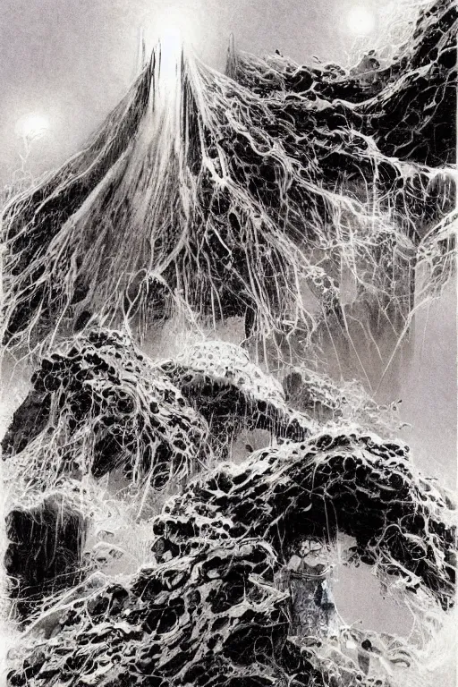 Prompt: The storms extol our ancient glory, great mounds feed us power from the sacred earth, intricate, elegant, digital mixed media painting, concept art, smooth, sharp focus, illustration, from 1961, by Bill Sienkiewicz, Moebius, Pepe Moreno and Stephen Gammell