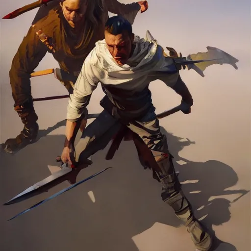 Image similar to greg manchess portrait people stumbling over swords falling on the ground, profile picture, organic painting, sunny day, matte painting, bold shapes, hard edges, street art, trending on artstation, by huang guangjian, gil elvgren, ruan jia, randy vargas, greg rutkowski