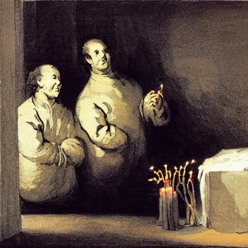 Image similar to two men arguing about neural networks in small room lighted by candles. art by francisco goya - w 1 0 2 4