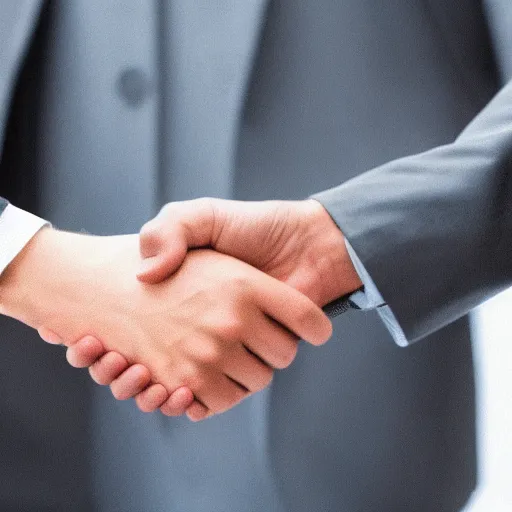 Prompt: photograph of a people in suits shaking hands, white background, close up