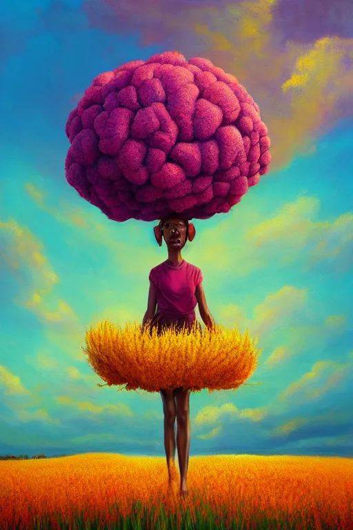 Prompt: closeup, enormous flower as head, african woman in heather field, surreal photography, golden hour, colorful clouds, impressionist painting, digital painting, artstation, simon stalenhag