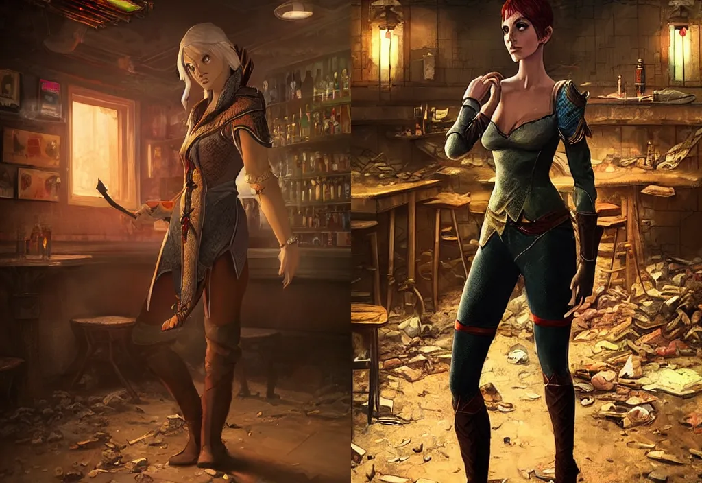 Prompt: full body character portrait of a female lavellan from dragon age walking through a destroyed dive bar wearing inquisitor clothes, with a realistically proportioned face, realistically rendered face, realistically rendered clothing, enhanced face, illustration, digital painting, realistic lighting, photorealistic eyes, good value control, realistic shading, substance painter