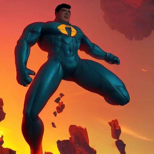 Image similar to Invincible (Image Comics) flying in an heroic pose, trending on artstation, volumetric lighting, micro details, ray tracing, 8k