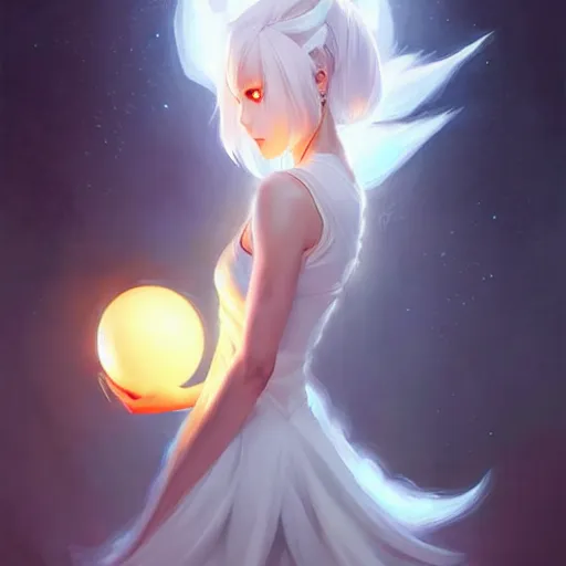 Image similar to a woman in a white dress holding a glowing ball | with nine white fox tails | a detailed painting by ross tran | wlop and stanley artgerm lau!!!!!!!!!!!!!!! | featured on deviantart | fantasy art | anime | 2 d game art | official art