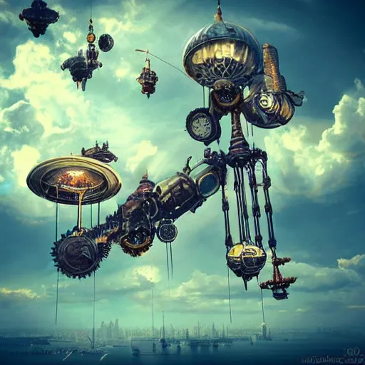 Prompt: flying city in a mechanical flower, sky, steampunk!!!, fantasy art, steampunk, masterpiece, octane
