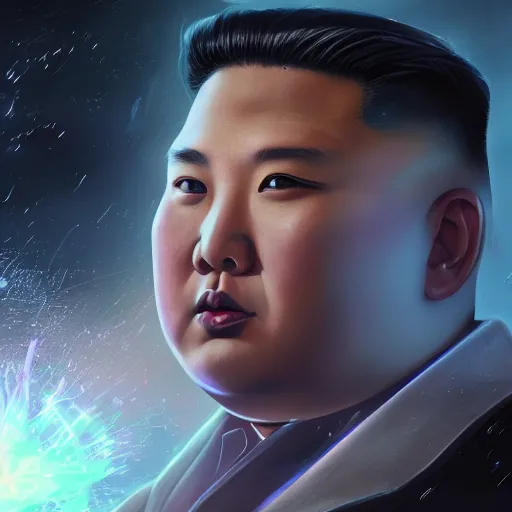 Image similar to portrait of kim - jong un as a spellcaster and mage, league of legends amazing splashscreen artwork, splash art, natural light, elegant, photorealistic facial features, intricate, fantasy, detailed face, atmospheric lighting, anamorphic lens flare, cinematic lighting, league of legends splash art, hd wallpaper, ultra high details by greg rutkowski