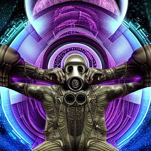 Image similar to a detailed 3 d render of a fashionable vin diesel extraterrestrial wearing a cybernetic majick celtic gas mask among the buildings of futuristic landscape in the style of william blake and alex grey and escher in the style of dark fantasy, fantasy art deco, magic realism, award winning art, muted colors,