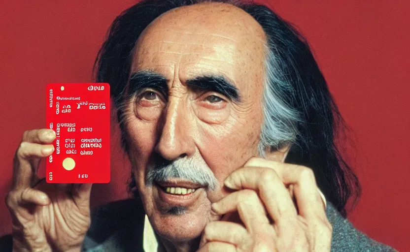 Image similar to movie still close-up portrait of Christopher Lee as a Victorian inventor proudly holding a small red plastic card with see-through holes punched in it, by David Bailey, Cinestill 800t 50mm eastmancolor, heavy grainy picture, very detailed, high quality, 4k, HD criterion, precise texture and facial expression