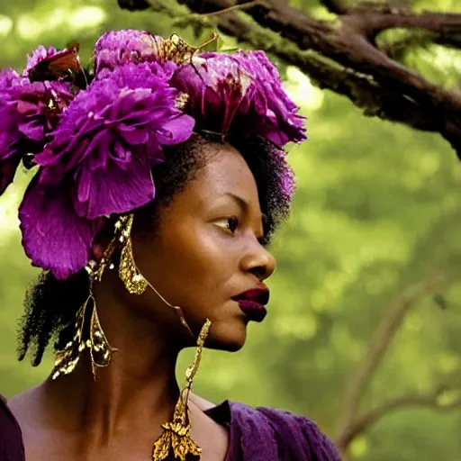 Prompt: over-shoulder film still of an african-american woman with short grey hair, a headdress made of red fern-leaf peony, wearing a black lace mask and gold dangly earrings, purple lipstick, speaking to a giant dragonfly from the adventure movie Life of Pi (2012) directed by Ang Lee and shot by Claudio Miranda