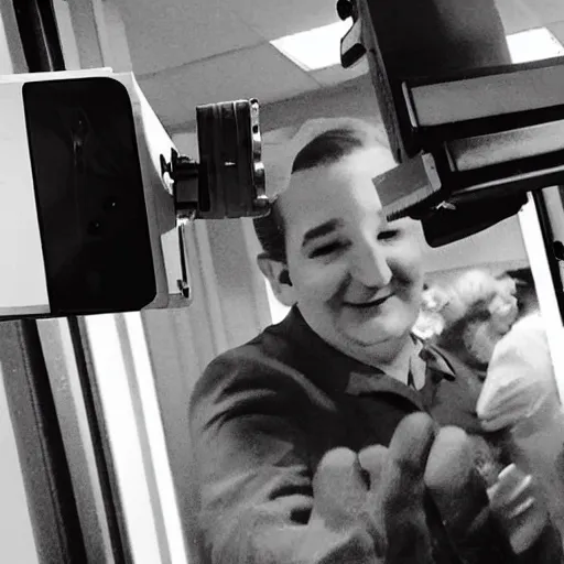 Prompt: Ted Cruz with a wide grin looking up at a security camera from a distance, black and white, creepy lighting, scary, horror, ornate, eerie, fear