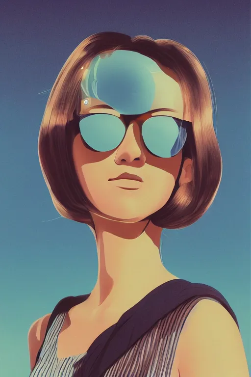 Prompt: an transparent glass portrait of a stylish and fashionable young woman wearing sunglasses holding in her hands a discoball while standing in front of a massive crowd dancing in the background, by kawase hasui, studio ghibli, moebius and edward hopper, colorful flat surreal design, xray hd, 8 k, artstation