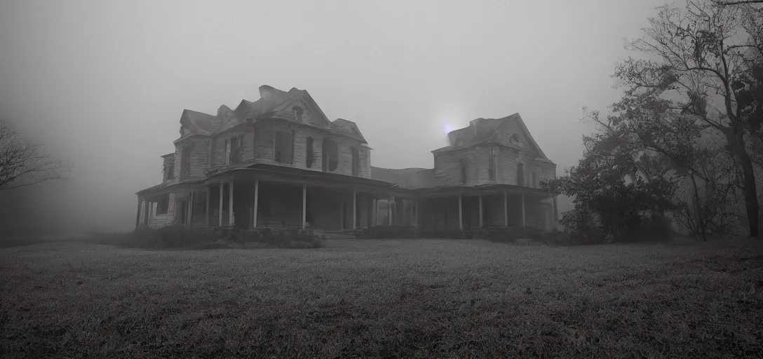 Prompt: opening cinematic shot from a horror movie about a haunted house, establishing shot, wide angle lens, dramatic lighting, fog, southern gothic