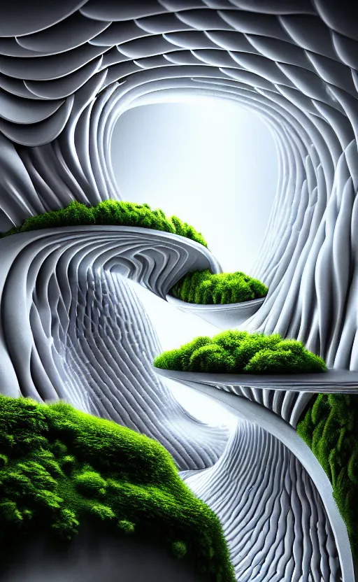 Image similar to highly detailed ultra sharp 3 d render cinematic composition of a smooth ceramic porcelain magnolia stone nebula biomorphic fluid fractal sci - fi surreal architecture landscape, metallic, white marble, foliage moss, vincent callebaut composition, mamou - mani, archviz, beautiful lighting, 8 k, unreal engine, hdr,