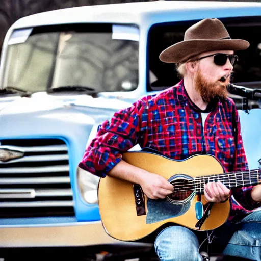 Prompt: A folkpunk hound dog playing the guitar in front of a pickup truck