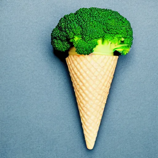 Image similar to a photograph of a levitating ice cream cone filled with broccoli