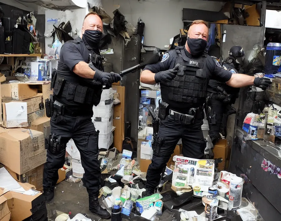 Image similar to Alex Jones in his garage office INFOWARS studio Alex Jones fighting SWAT police, surrounded by boxes of herbal supplements and trash, a group of SWAT police, tear gas and smoke, detailed photograph high quality