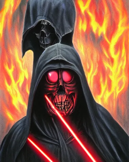 Image similar to hooded sith lord skeletal figure with fiery angry red eyes, airbrush, drew struzan illustration art, key art, movie poster