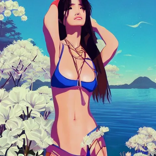 Image similar to a beautiful young japanese natalie portman alluring gravure model, stylized concept art, wearing elegant designer bomber jacket and one piece bikini, bomber jacket with mesoamerican patterns, mesoamerican native street fashion, princess mononoke, painted by ilya kuvshinov aesthetic, gorgeous, stunning, alluring, attractive, artstation, pinterest, digital art