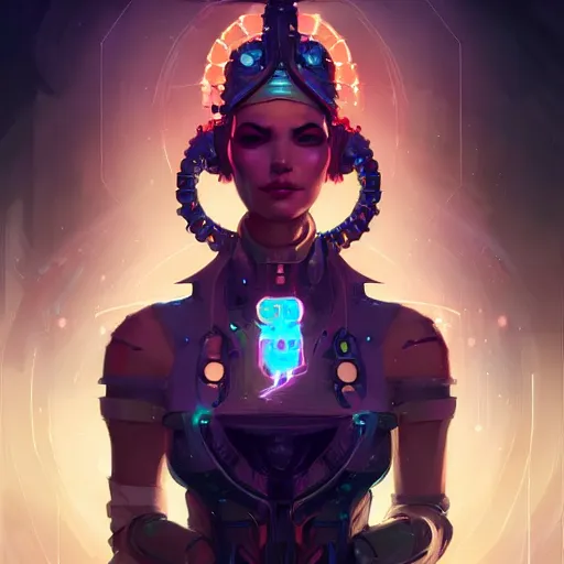 Prompt: a portrait of a beautiful cybernetic fortune teller, cyberpunk concept art by pete mohrbacher and wlop and artgerm and josan gonzales, digital art, highly detailed, intricate, sci-fi, sharp focus, Trending on Artstation HQ, deviantart, unreal engine 5, 4K UHD image