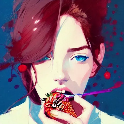 Image similar to a ultradetailed beautiful portait panting of a stylish woman with a strawberry in her mouth, by conrad roset, greg rutkowski and makoto shinkai, trending on artstation