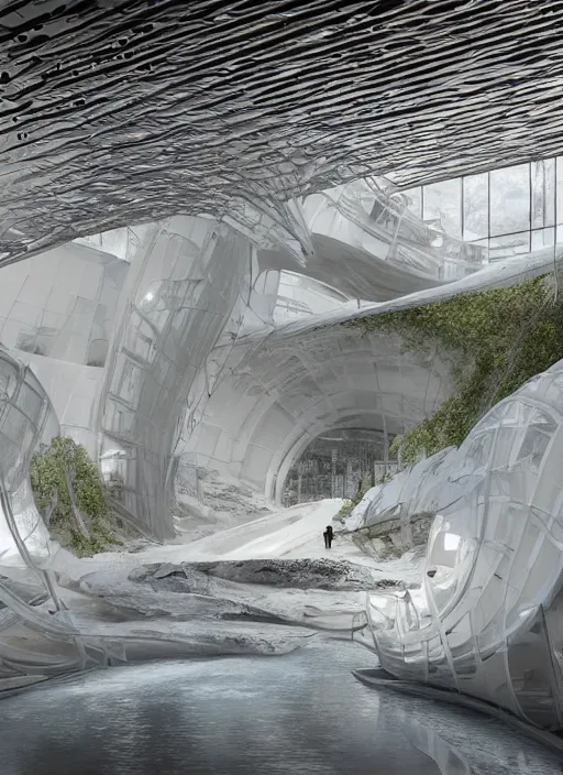 Image similar to art exhibition, architecture installation in biennale venezia, bioremediation white mining tailing futuristic horizontal architecture, epic, cinematic, hyperealistic, high detailed, corona render, hdr, ray tracing