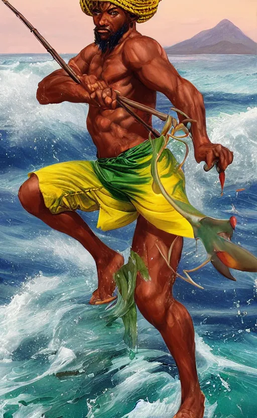 Image similar to character concept of a singular Jamaican fisherman posing in a battle stance in the Jamaican sea, colors of Jamaica, by Ross Tran and Artgerm and Peter Mohrbacher