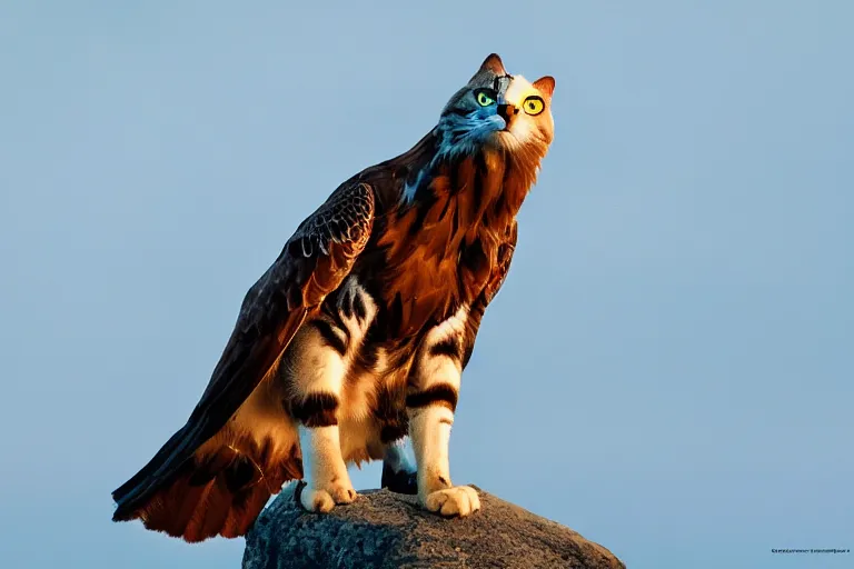 Image similar to a cat eagle!!! hybrid! hyper realistic!! realistic lighting!! wildlife photographer of the year!!! bold natural colors, national geographic, hd, wide angle, 8 k