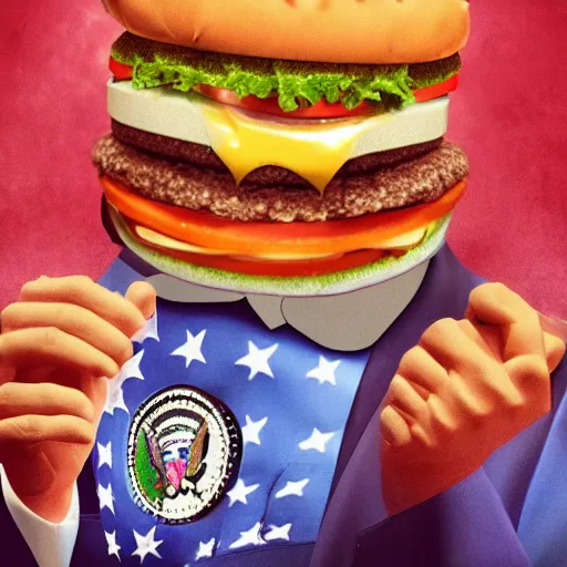 Prompt: the president of the united states of america holding a speech, but the president is a hamburger, burger, cheeseburger, food, leds, 4k 8k photorealistic, high definition, detailed, close up, artstation, favorite, trending
