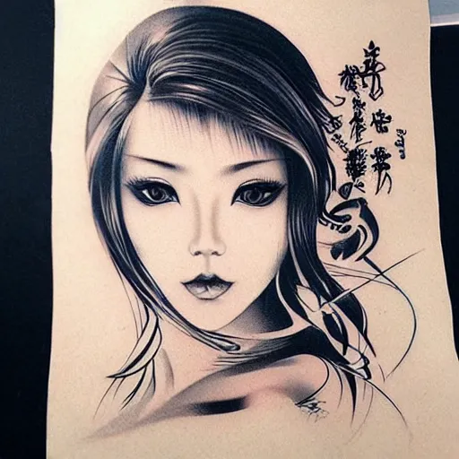 Image similar to tattoo design, stencil, traditional Japanese, beautiful portrait of a girl by artgerm, artgerm