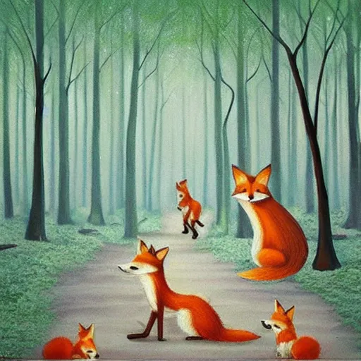 Image similar to “ a magical forrest with a fox family, rubbish showing how humans destroying the world, highly detailed painting ”