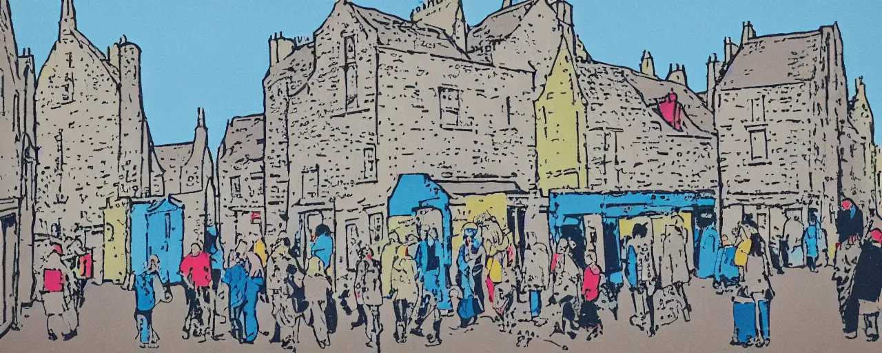 Prompt: a Screen print of street life in kirkwall orkney